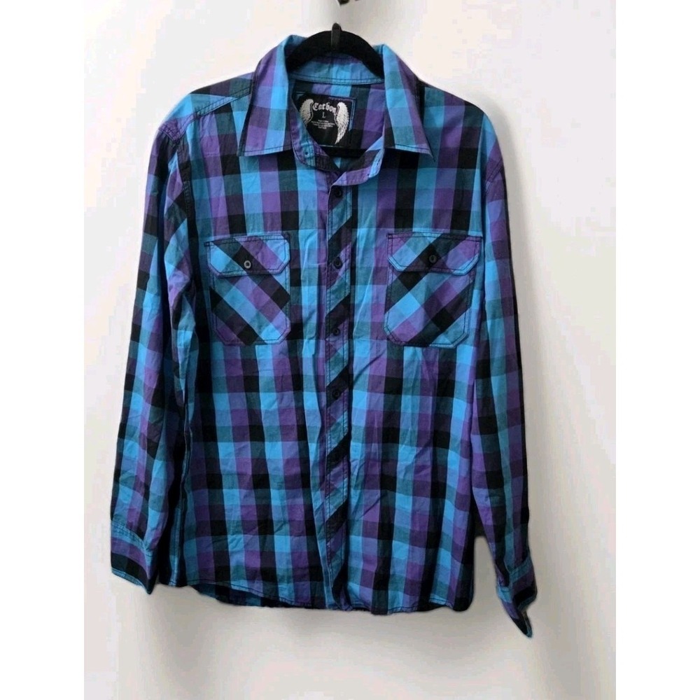 Carbon Mens L Plaid Button Up Shirt Blue Purple Check Long Sleeve‎ Casual Cotton